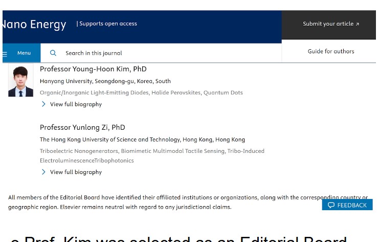 Nano Energy journal website showing Prof. Kim's editorial board profile