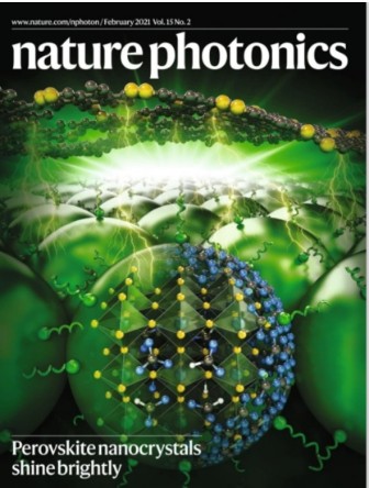 Nature Photonics cover, February 2021, perovskite nanocrystals shine brightly