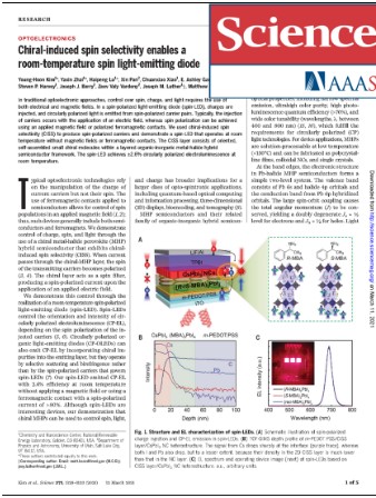 Science article page, chiral-induced spin selectivity room-temperature spin LED